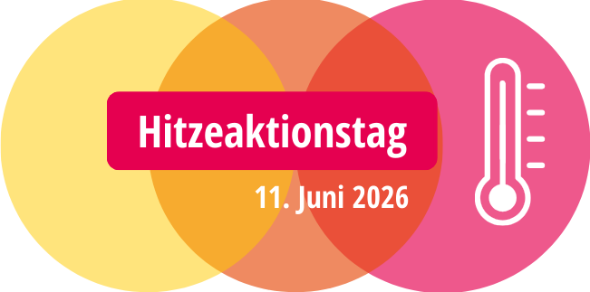 Logo zum Hitzeaktionstag, drei kreise in gelb, orange, pink mit Aufschrift